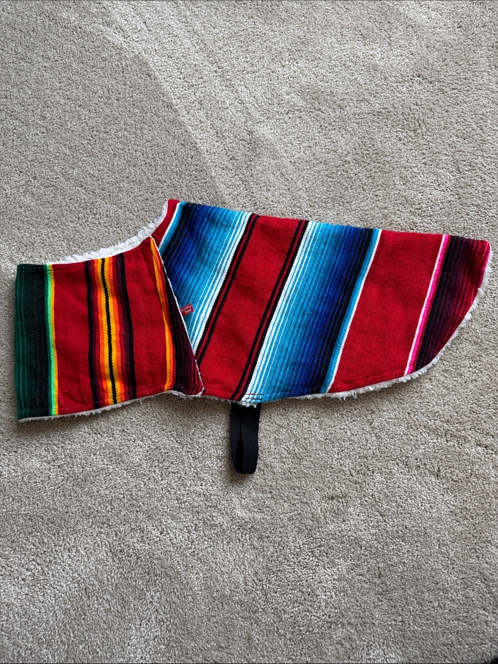 Striped multi-colored Serape Dog Coat with Sherpa Trim
